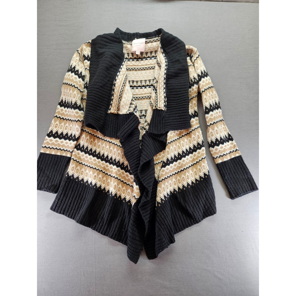 Romeo & Juliet Couture Cardigan Sweater Large Black Tan Fair Isle Waterfall
